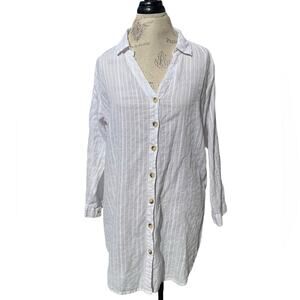 Club Z Collection Swim Coverup White Button-Up Shirt Long or Short Sleeve EUC